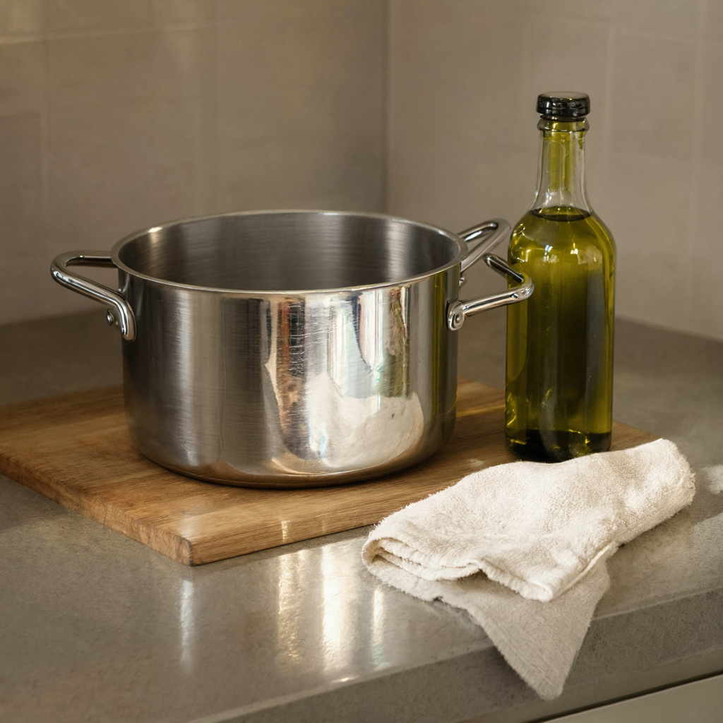 A kitchen counter with a stainless steel pot, a wooden cutti