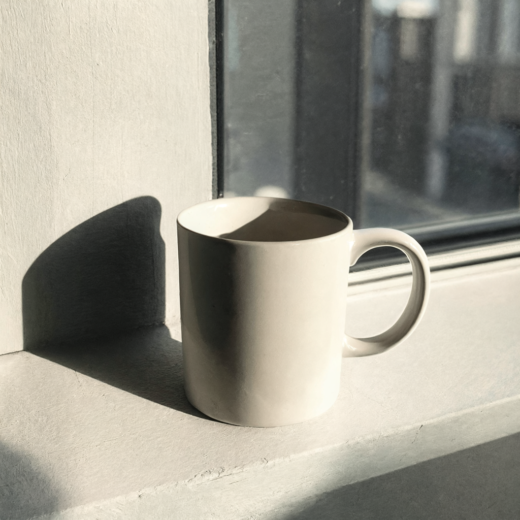 A coffee mug on a sunny windowsill casting a sharp shadow to