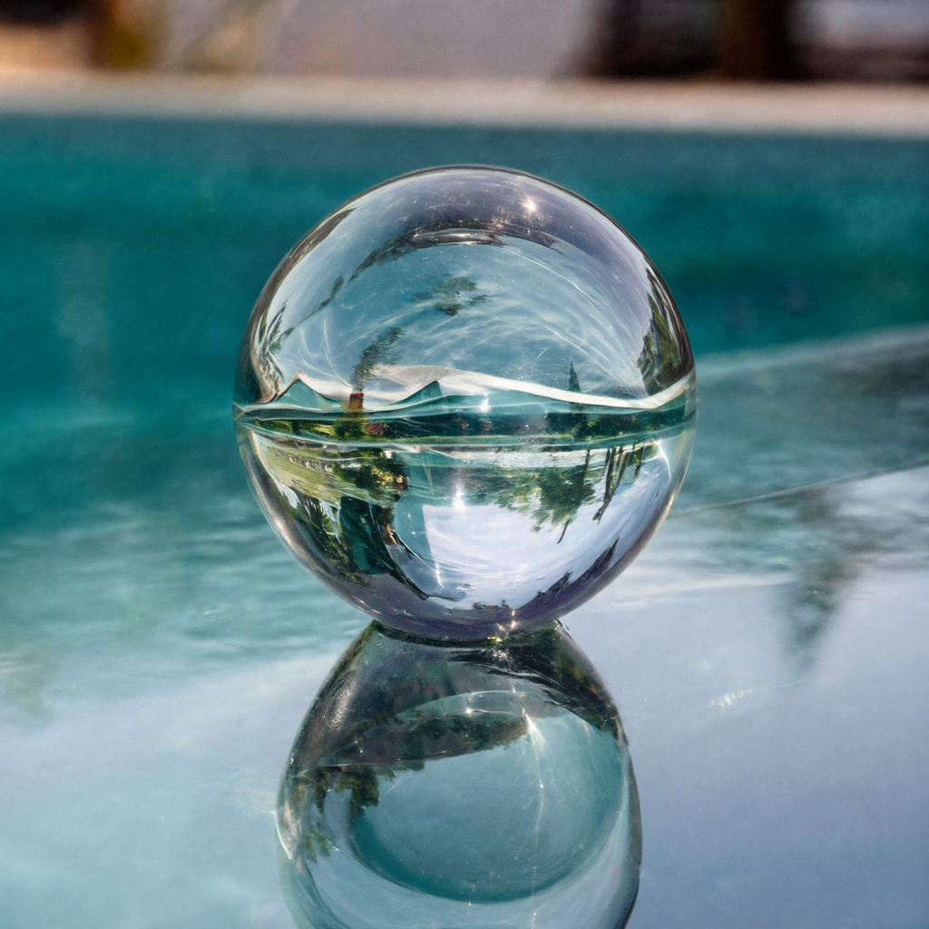 A clear glass sphere sitting on a mirror surface near a pool
