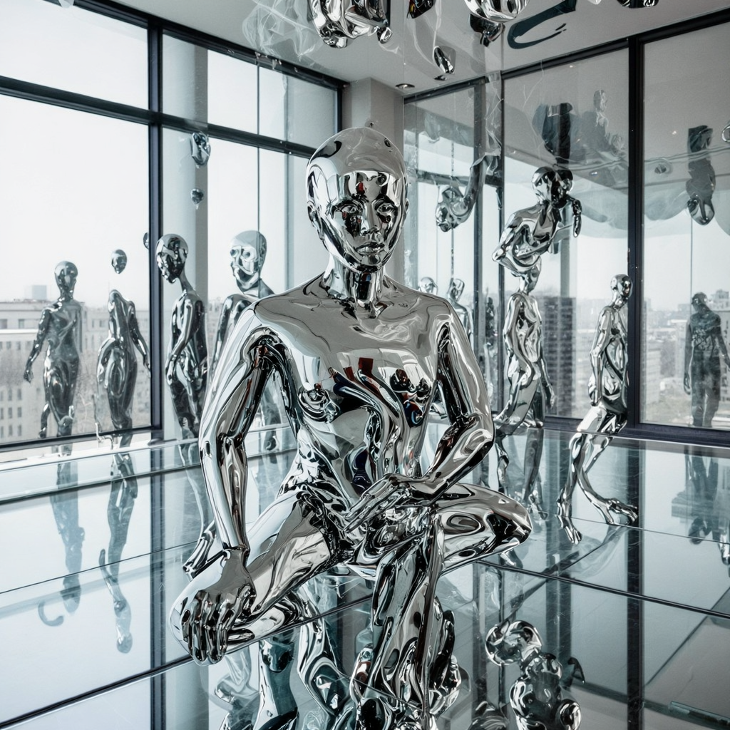 A chrome sculpture in a room with a glass floor and large wi