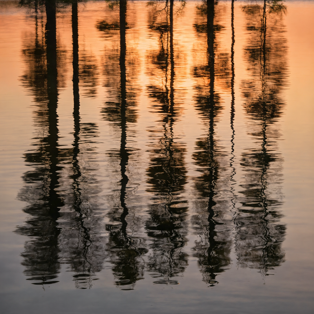 A row of trees reflected in a calm lake at sunset, with the 