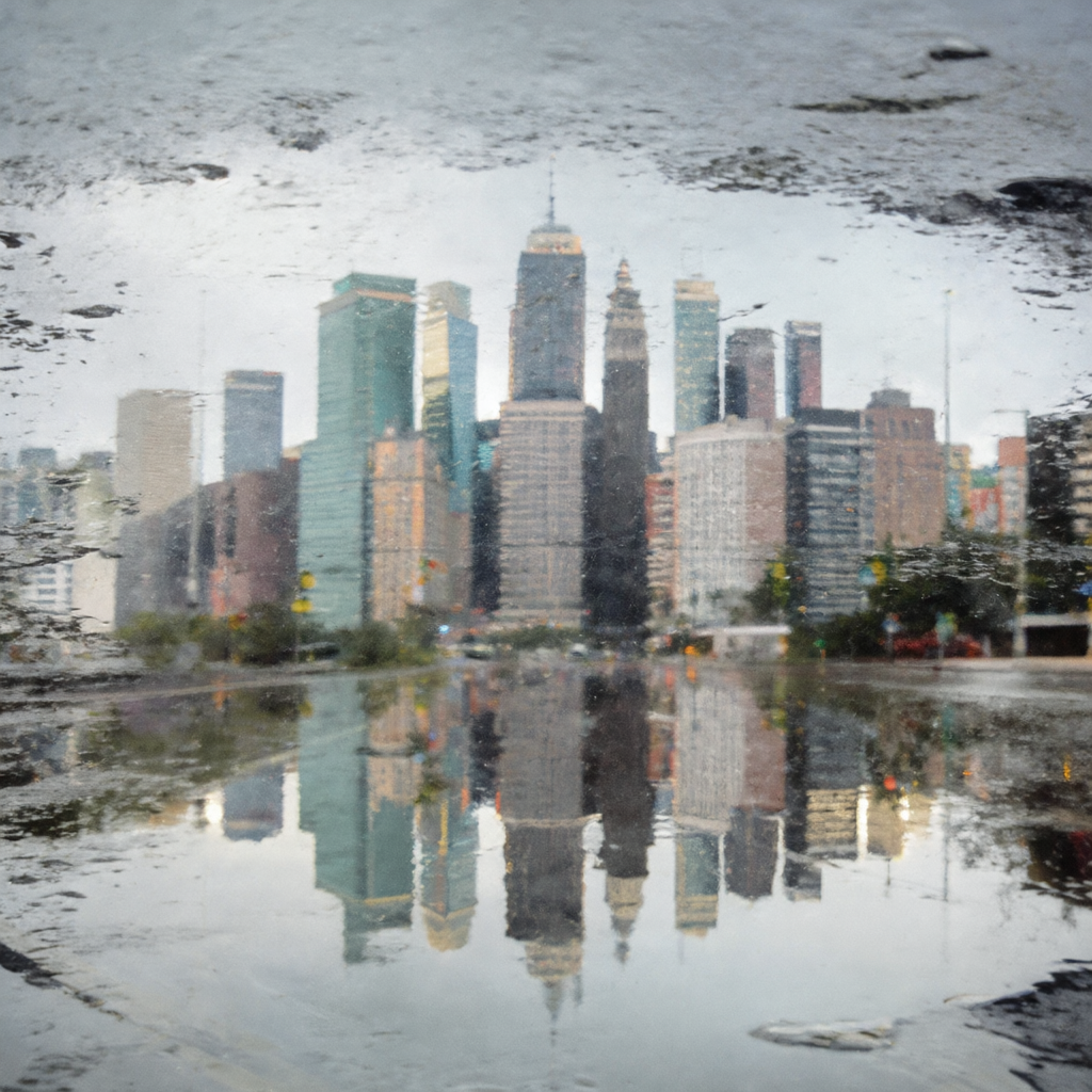 A city skyline reflected in a rain puddle on a street, with 