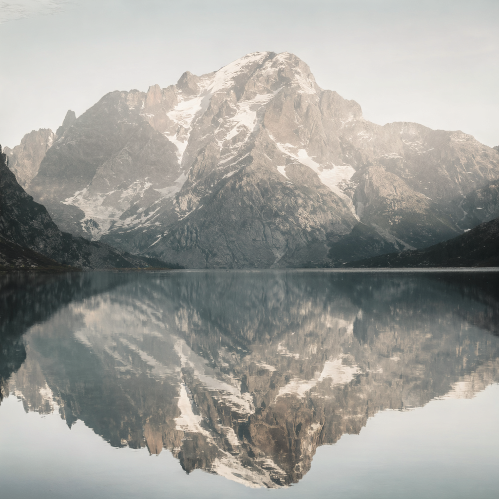 A mountain range reflected in a still alpine lake, with the 