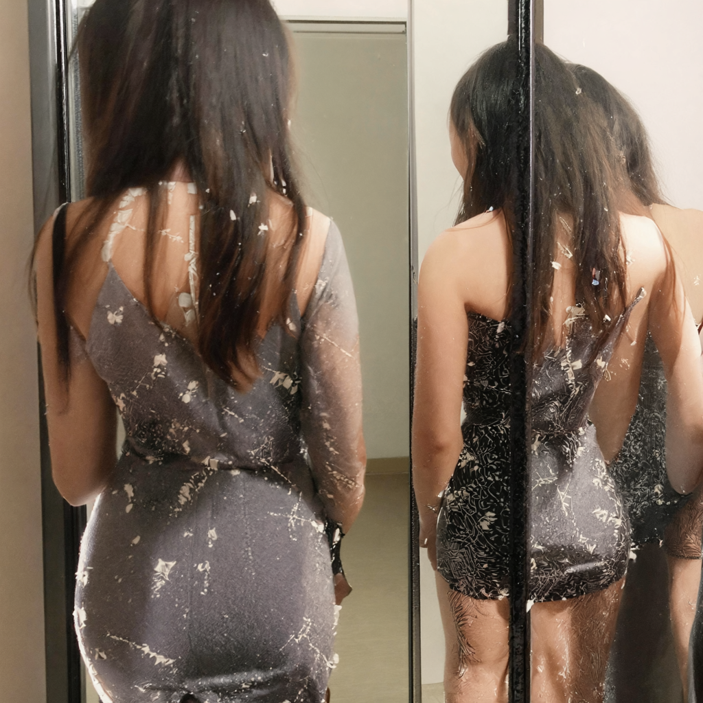 A woman standing in front of a full-length mirror, her refle