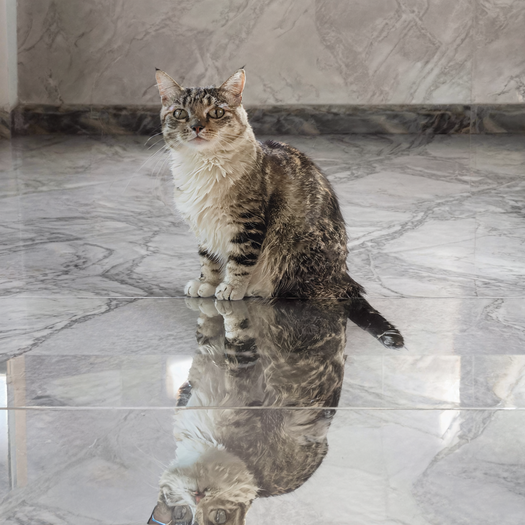 A cat sitting on a polished marble floor with its reflection