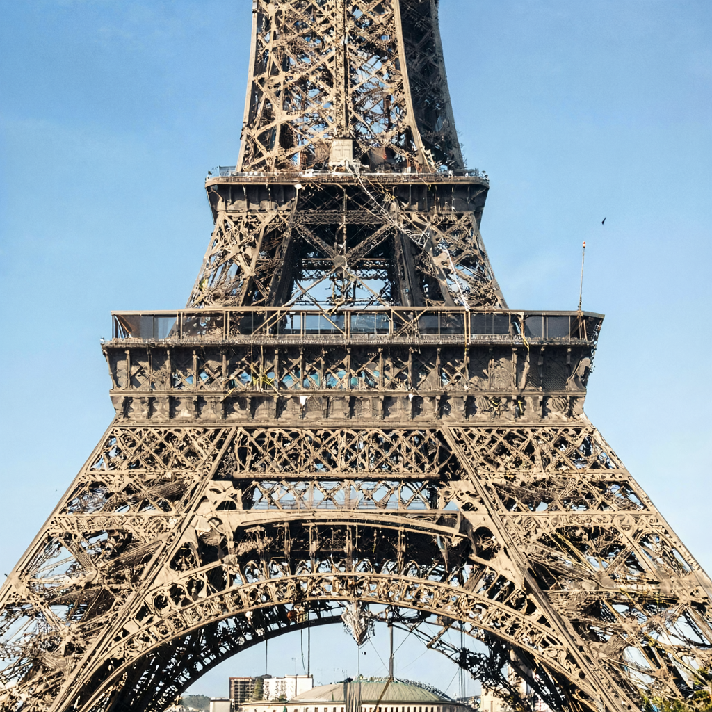 The Eiffel Tower in Paris on a clear day, architecturally ac