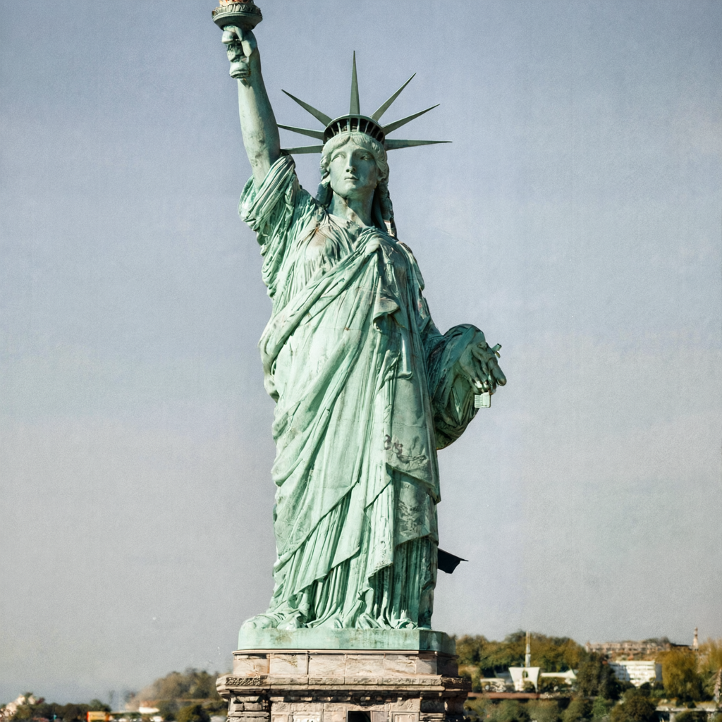 The Statue of Liberty on her island pedestal, with correct t