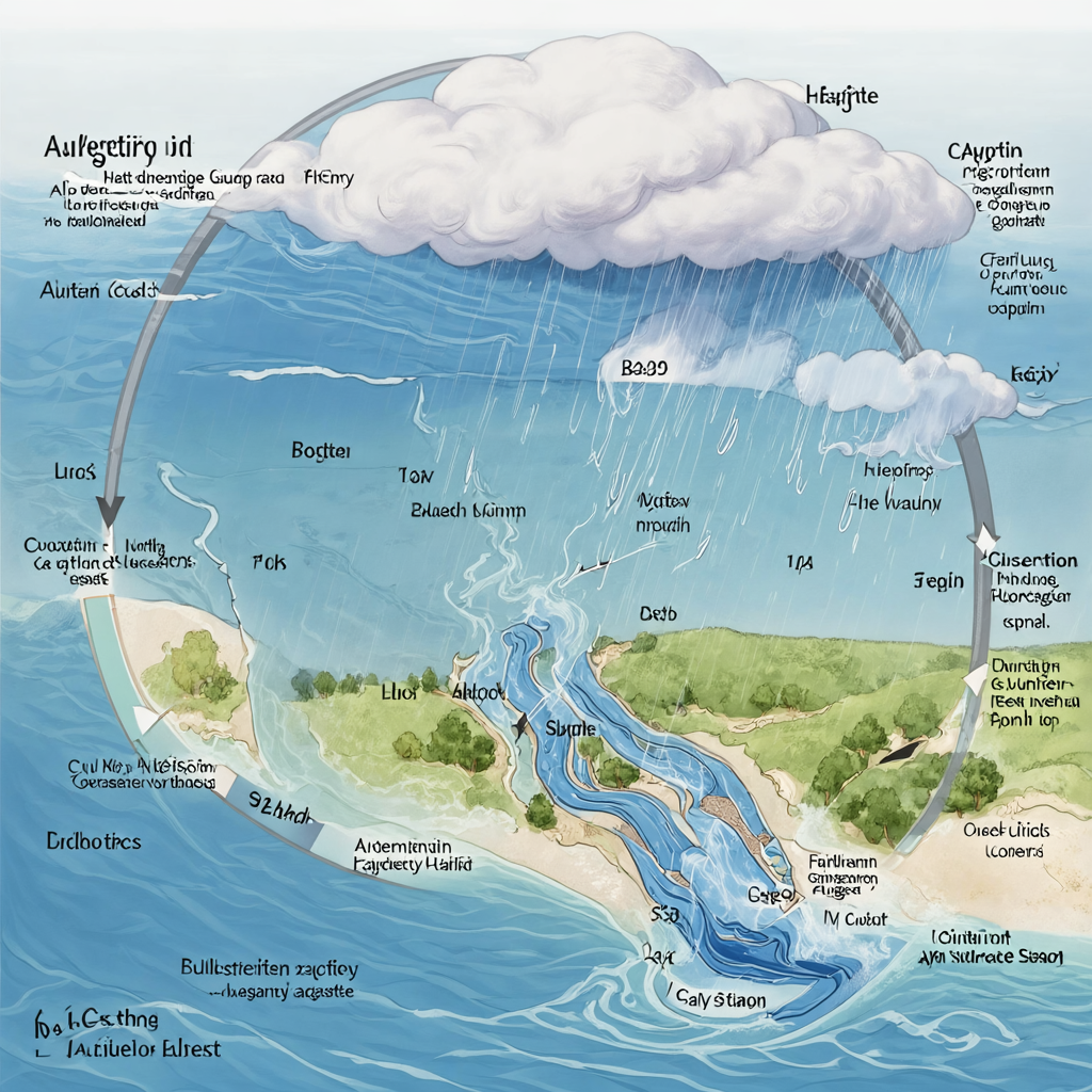 A detailed diagram of the water cycle showing evaporation fr