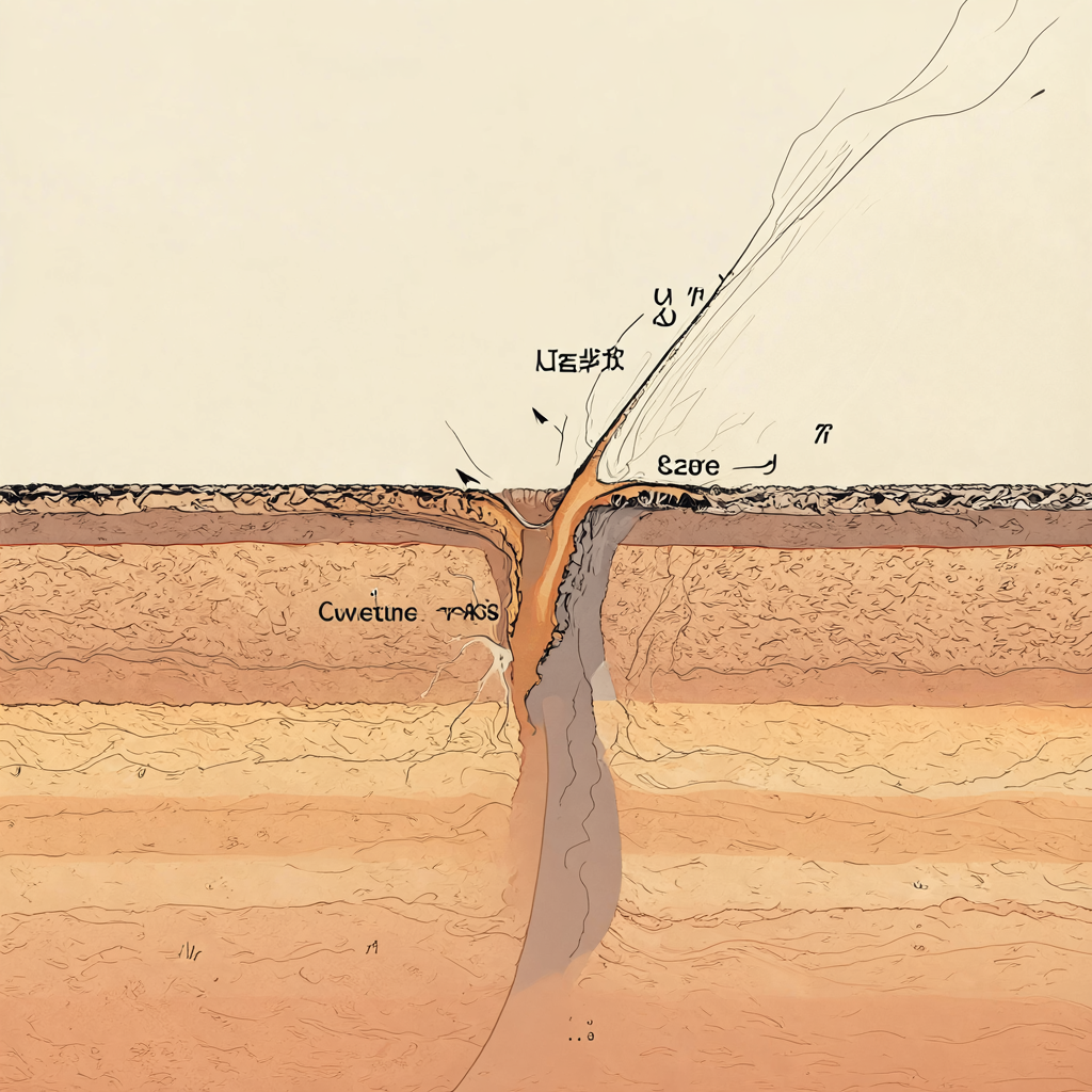 A cross-section showing tectonic plates at a convergent boun
