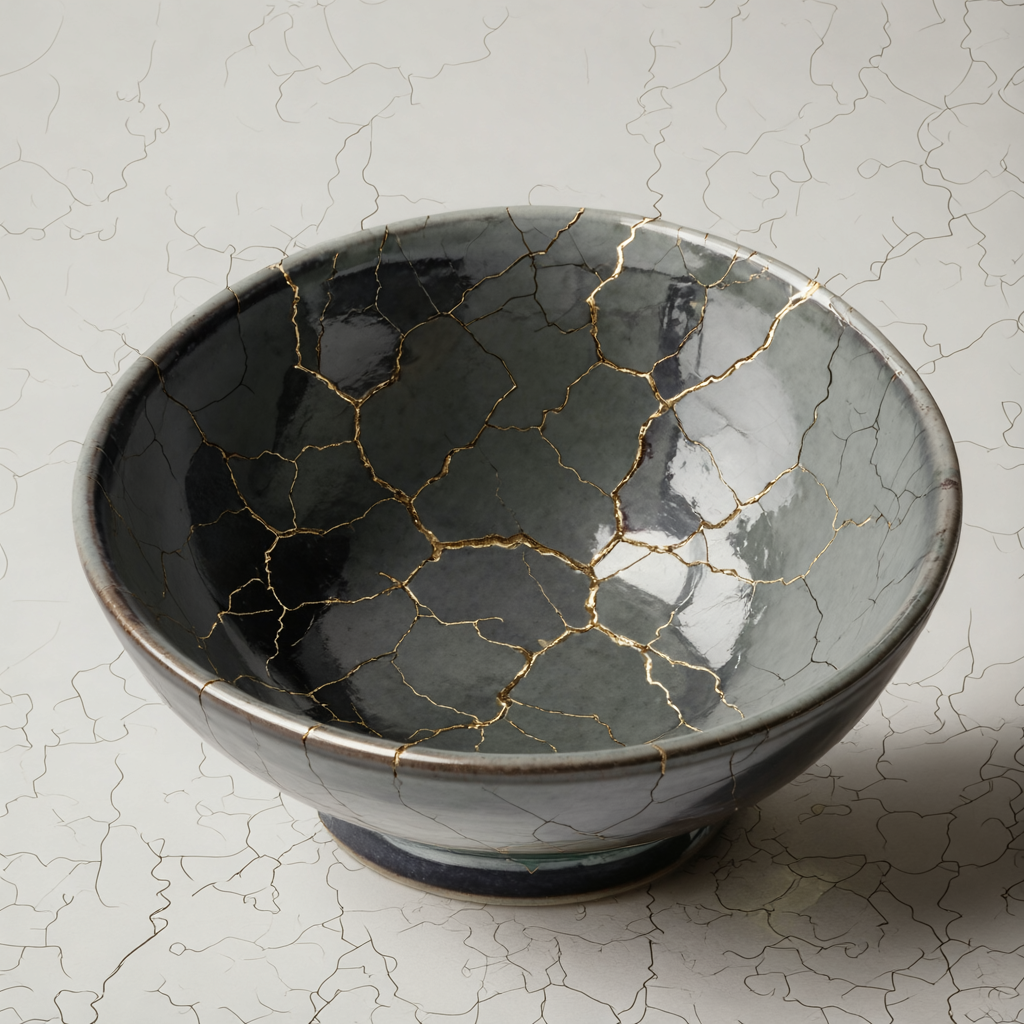 A Japanese kintsugi bowl — cracked ceramic repaired with vis