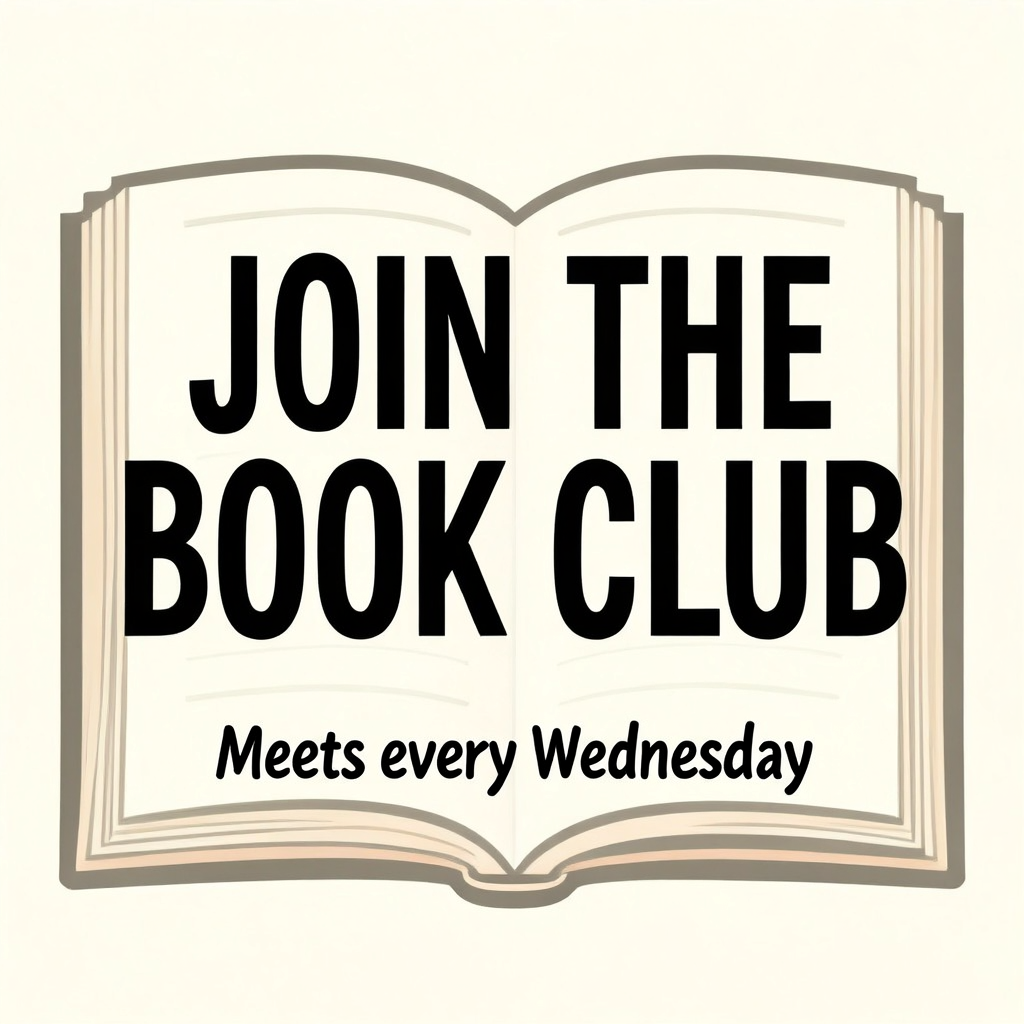 A book club poster with an open book illustration, the title