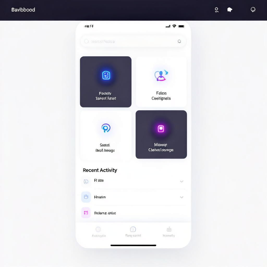 A mobile app UI mockup showing a dashboard with a top naviga