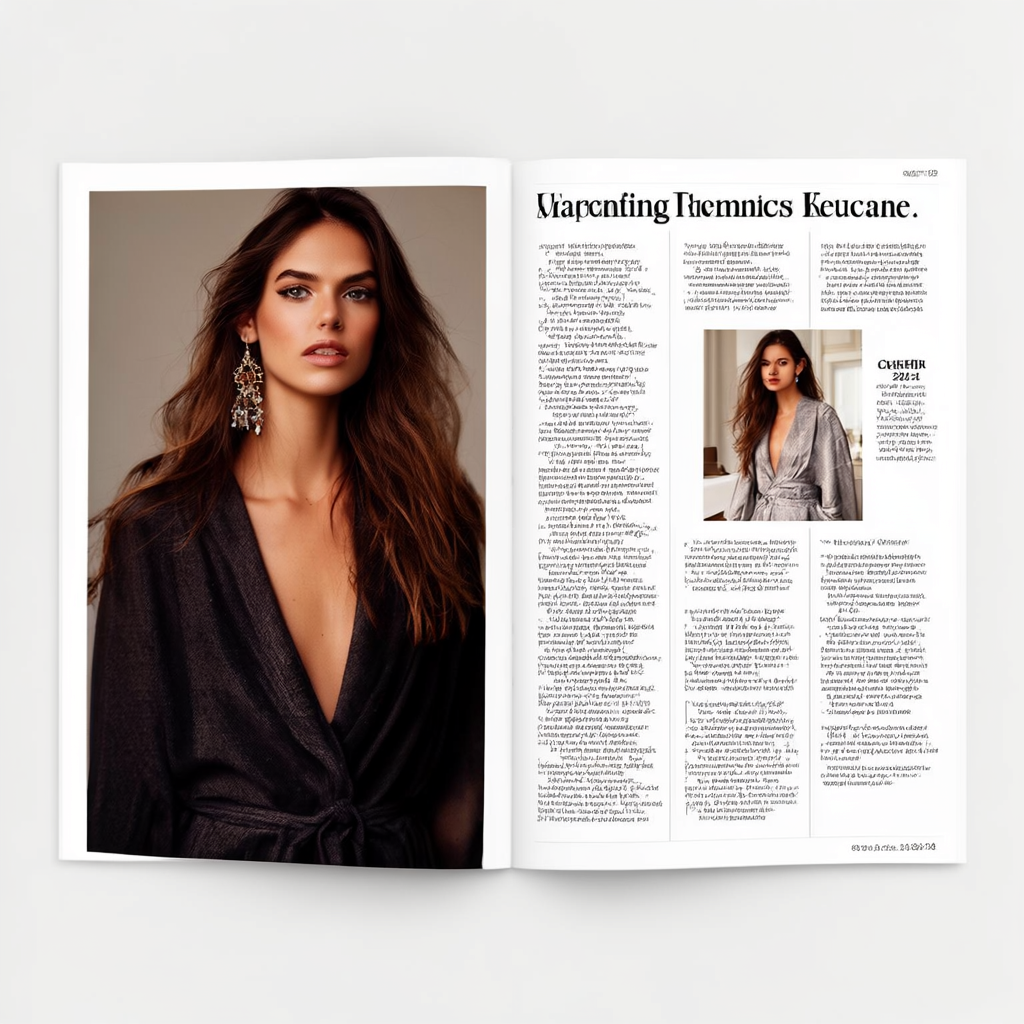 A fashion magazine spread with a full-bleed left-page photo,