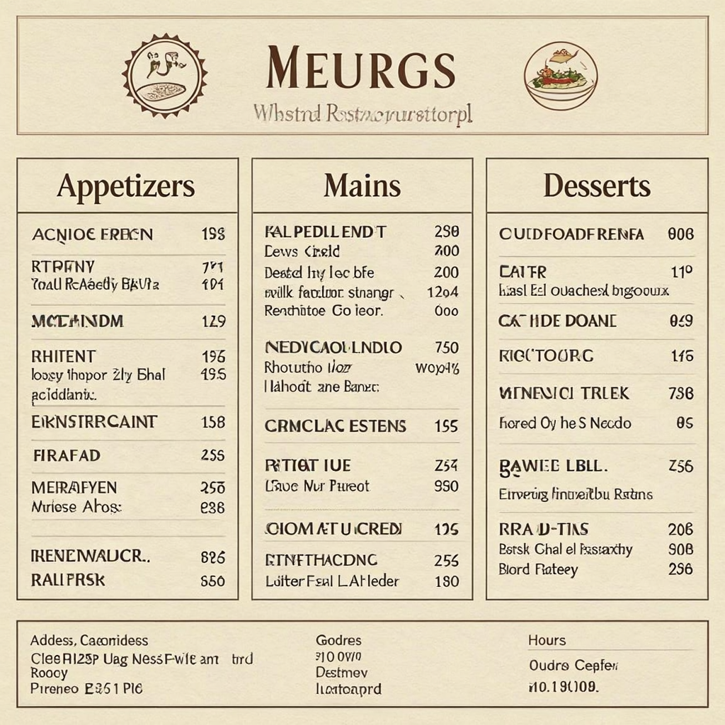 A restaurant menu layout with a logo header, three category 