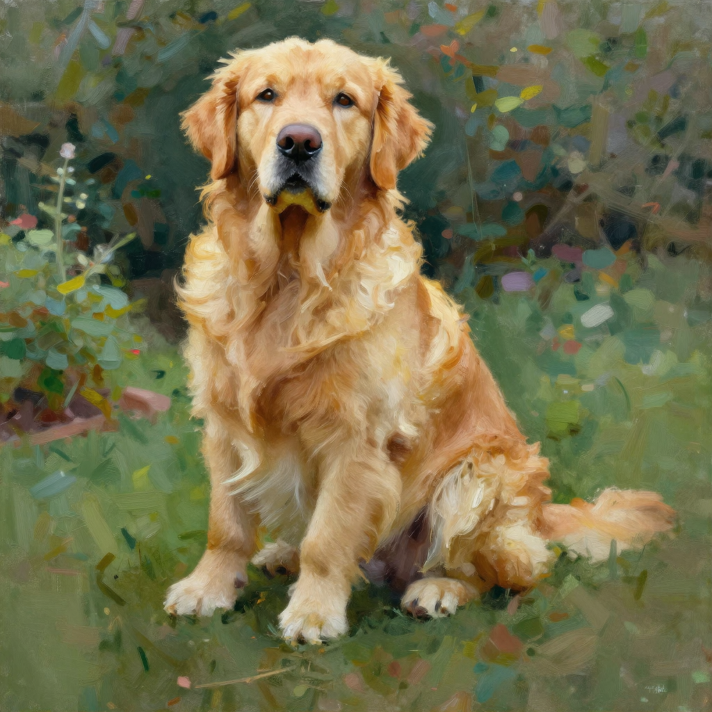 A golden retriever sitting in a garden, painted in the style