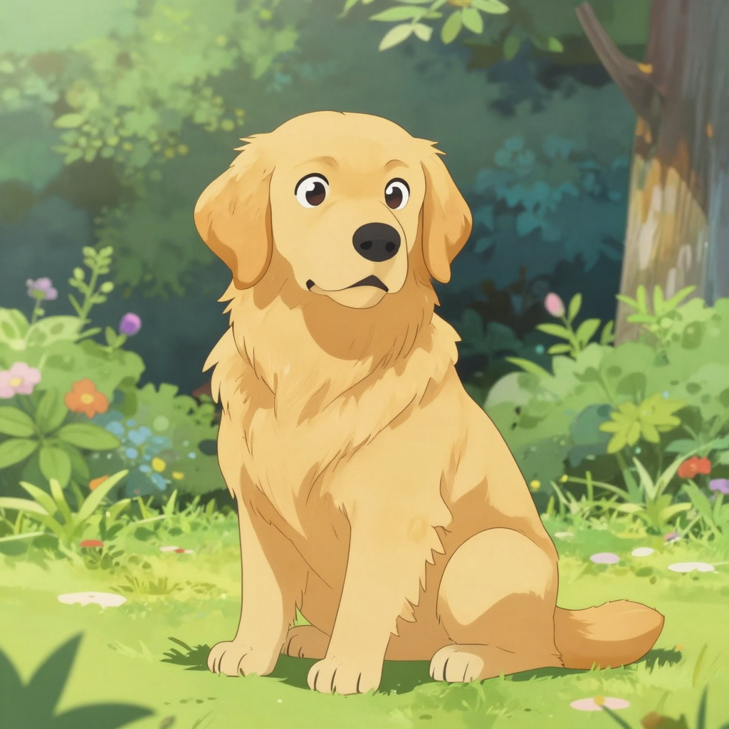 A golden retriever sitting in a garden, rendered in Japanese