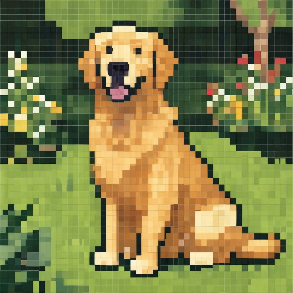 A golden retriever sitting in a garden, rendered in pixel ar