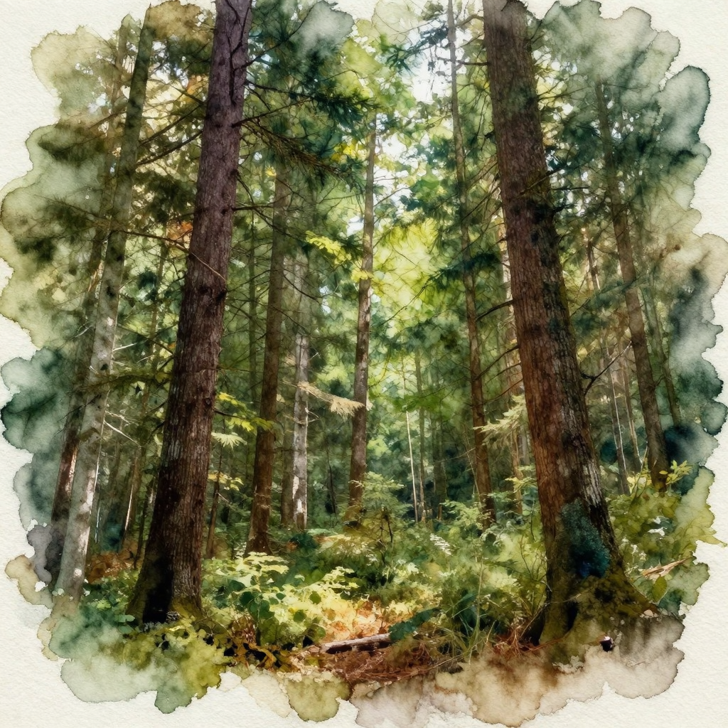 A forest rendered in photorealistic watercolor — the detail 