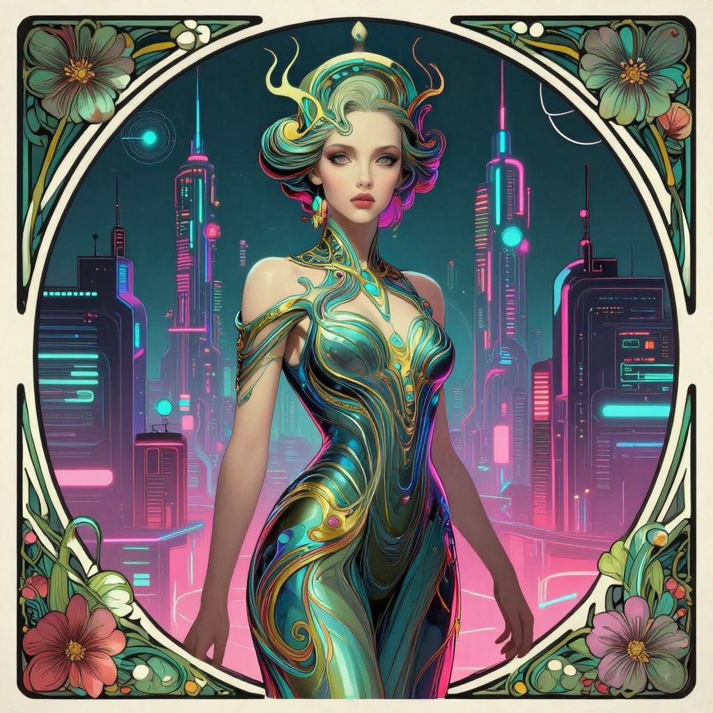 A woman in a futuristic city rendered in cyberpunk Art Nouve
