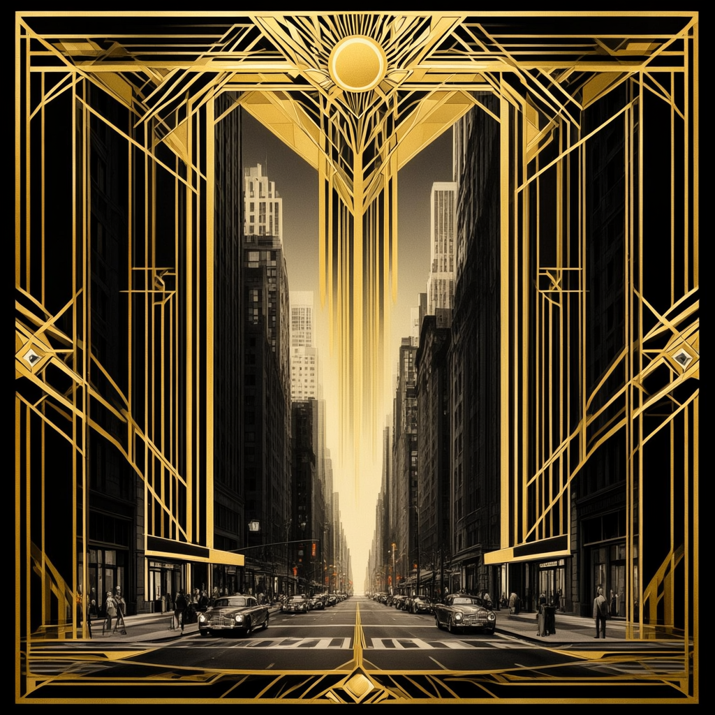 A city street scene in the style of Art Deco — geometric sha