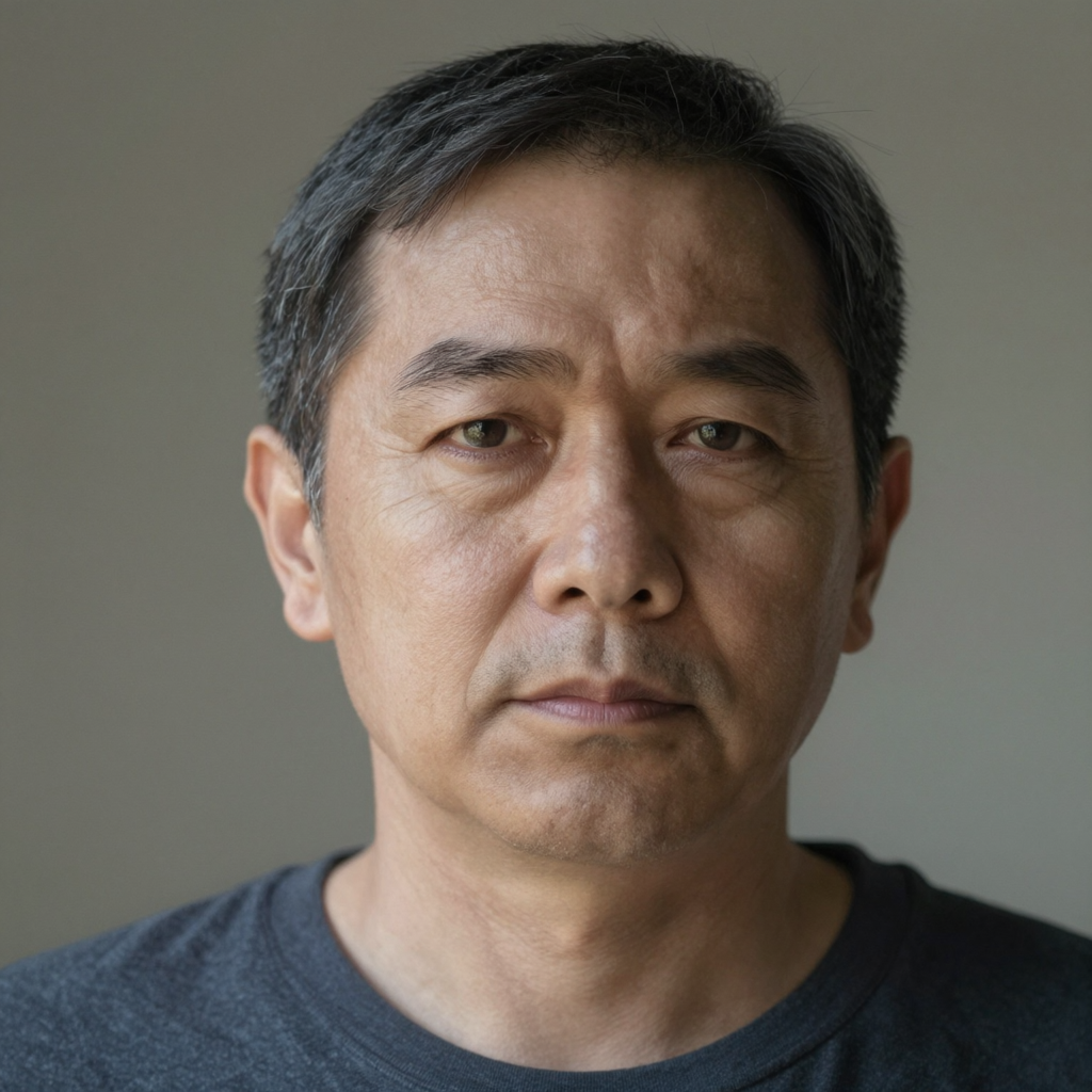 A portrait of a middle-aged man with a calm, serious express