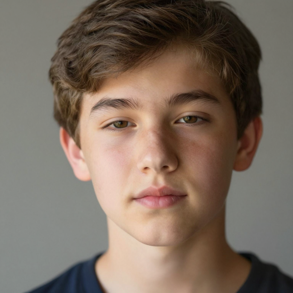 A headshot of a teenager with a relaxed, neutral face