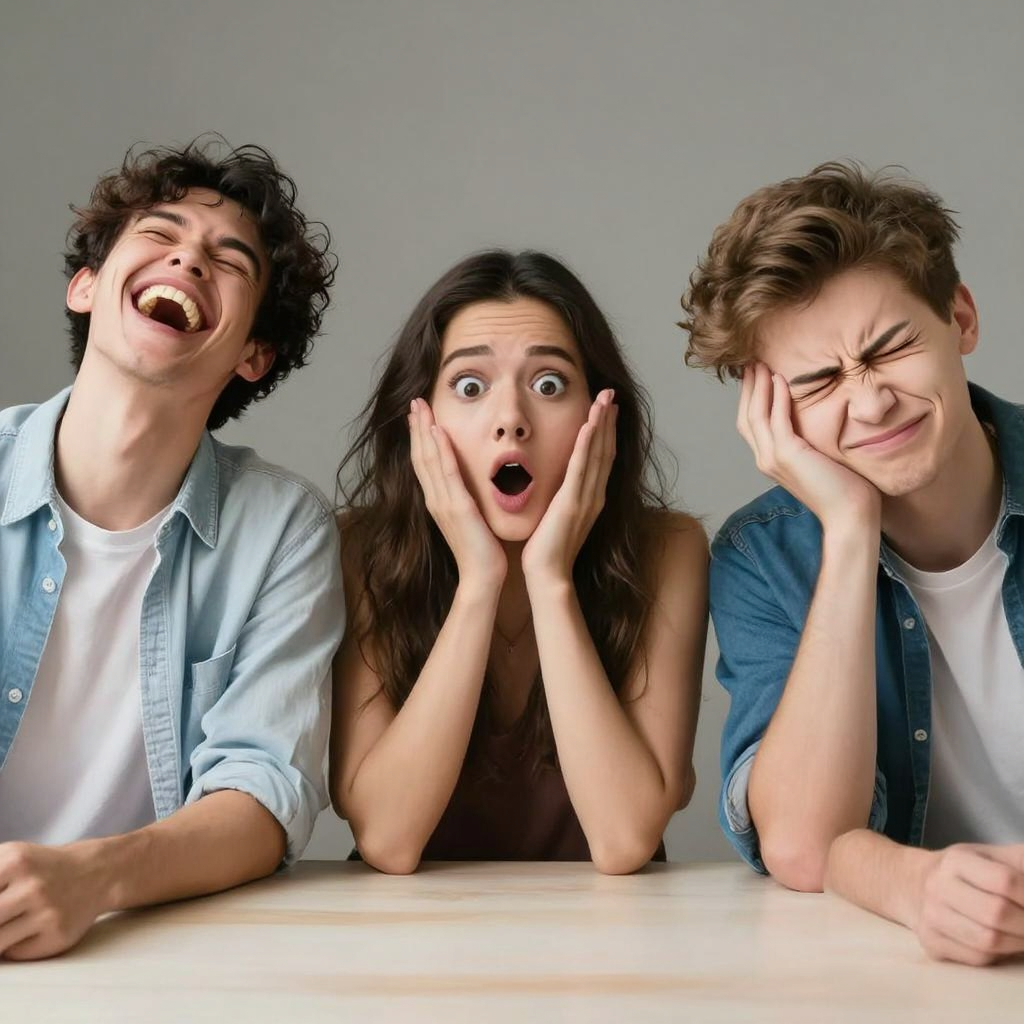 A group of three friends at a table: one laughing with head 