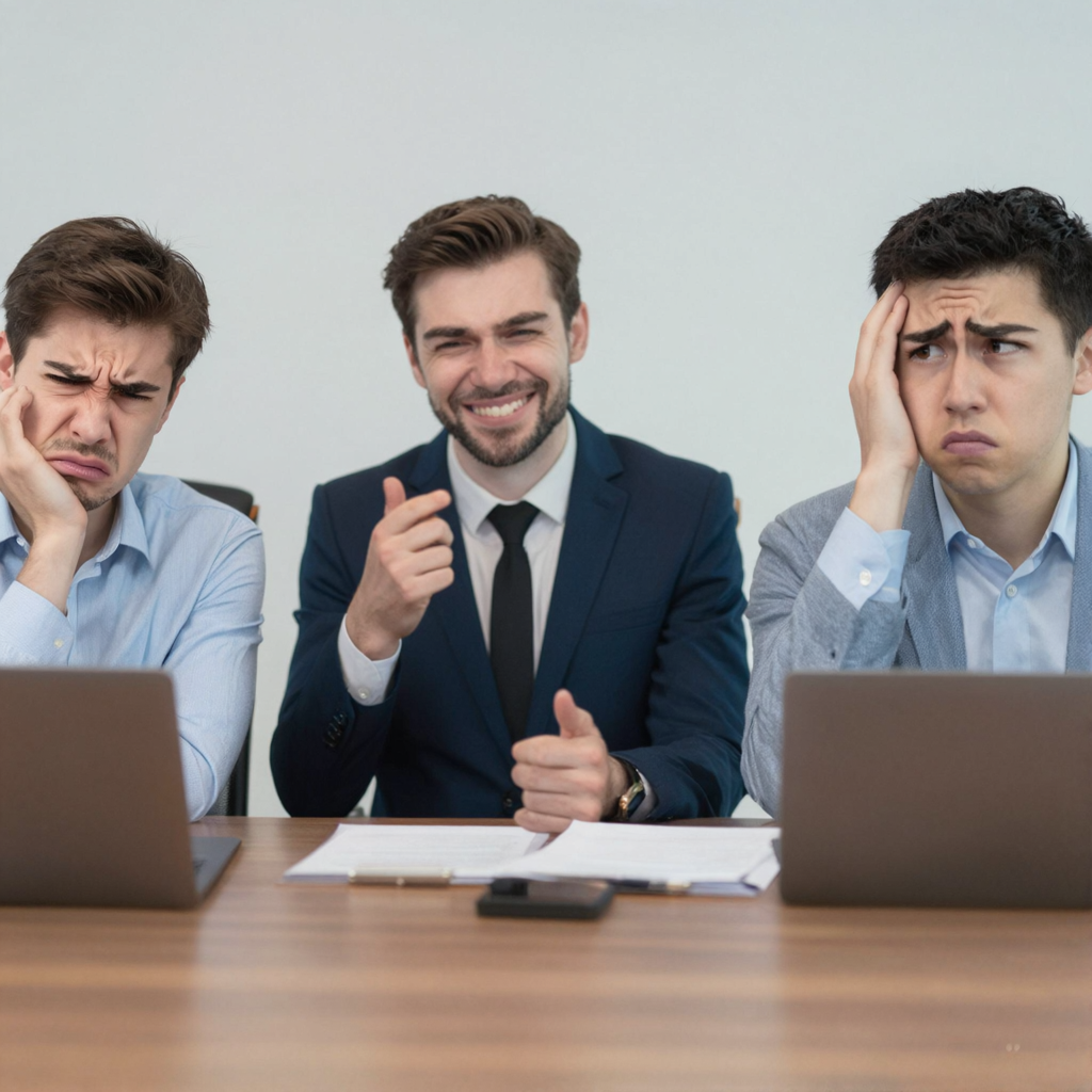Three coworkers in a meeting: one looking frustrated with fu
