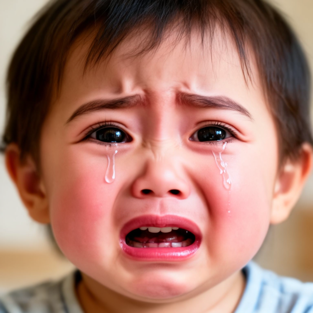 A 5-year-old child with round cheeks and large eyes, crying 