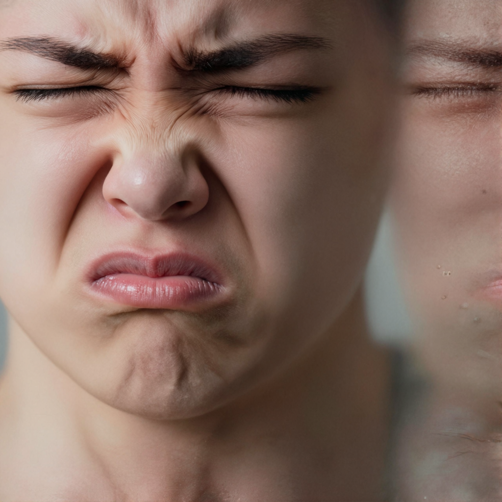 A close-up of a person's face showing clear disgust, nose wr