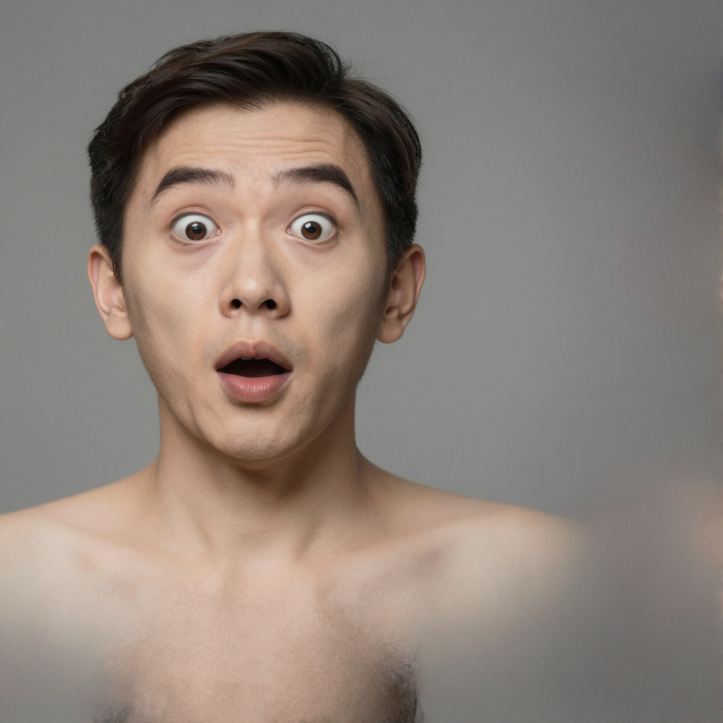 A portrait capturing genuine surprise — raised eyebrows, wid