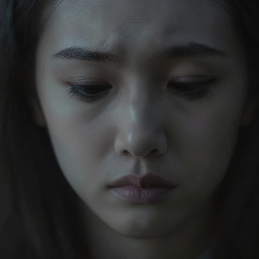 A face showing quiet melancholy — downcast eyes, slightly dr