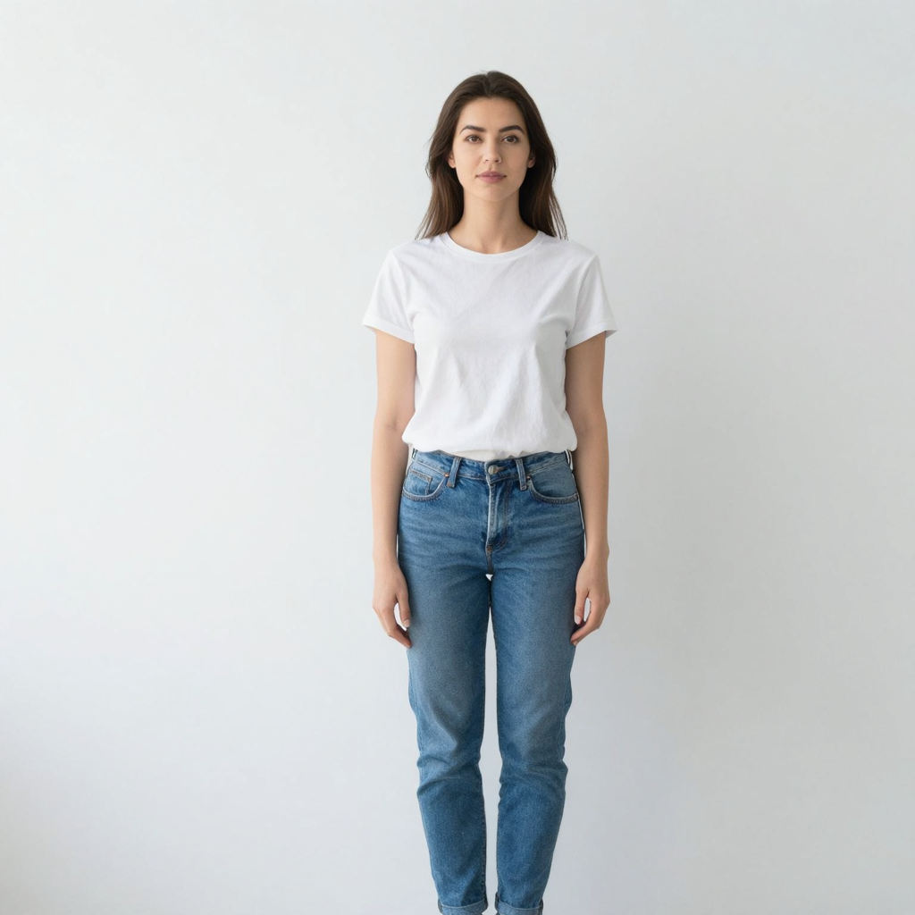 A woman standing upright in a relaxed pose, arms at her side
