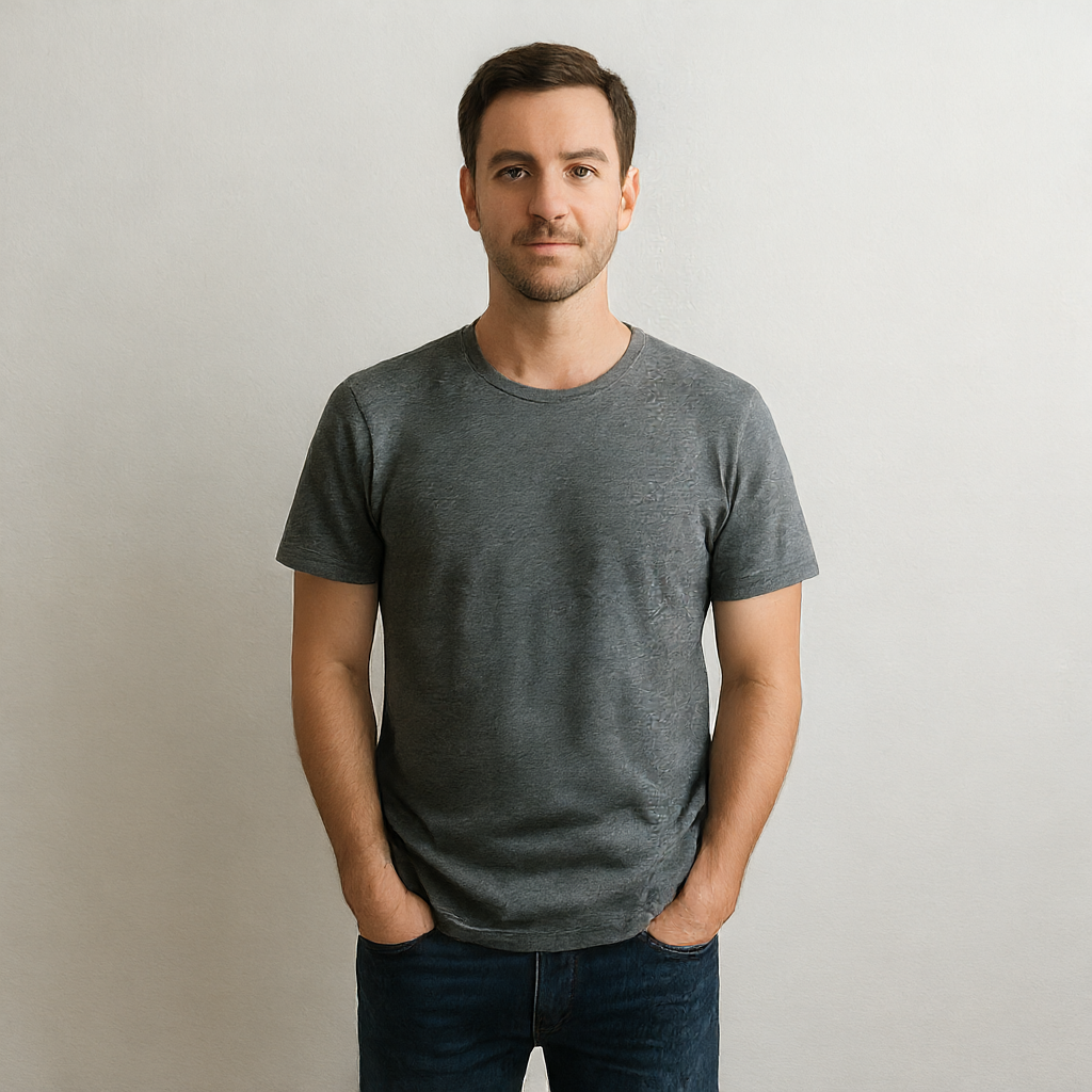 A man standing straight facing the camera, hands in pockets,