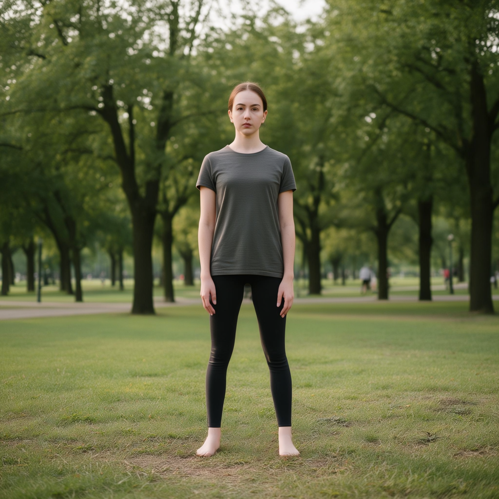 A person standing in a neutral pose in a park, full body vis