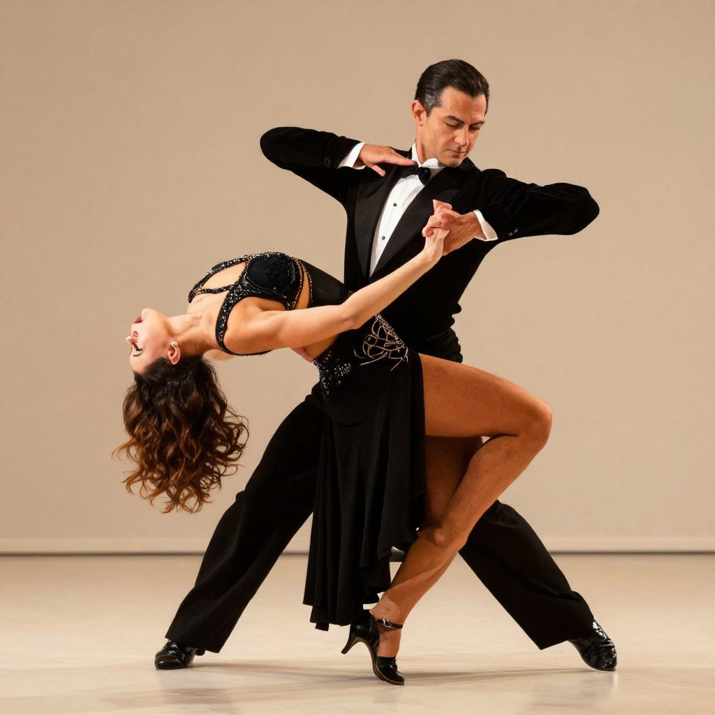 Two tango dancers in a close embrace, the man dipping the wo