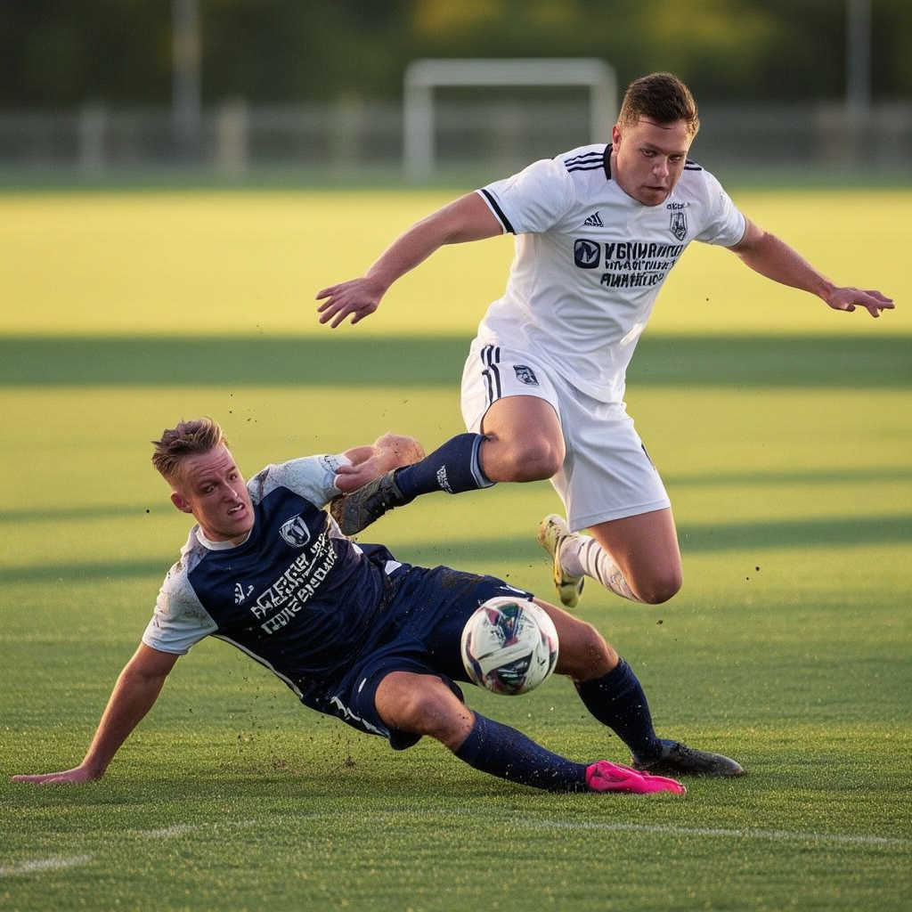 Two soccer players mid-tackle, one sliding and the other jum