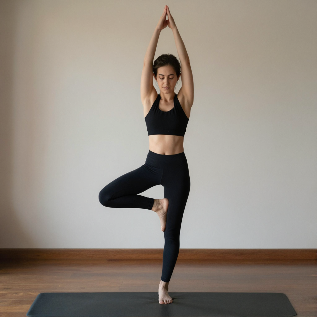 A person in a yoga tree pose — standing on one leg with the 