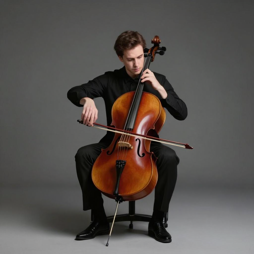 A cellist seated with correct posture, legs around the instr