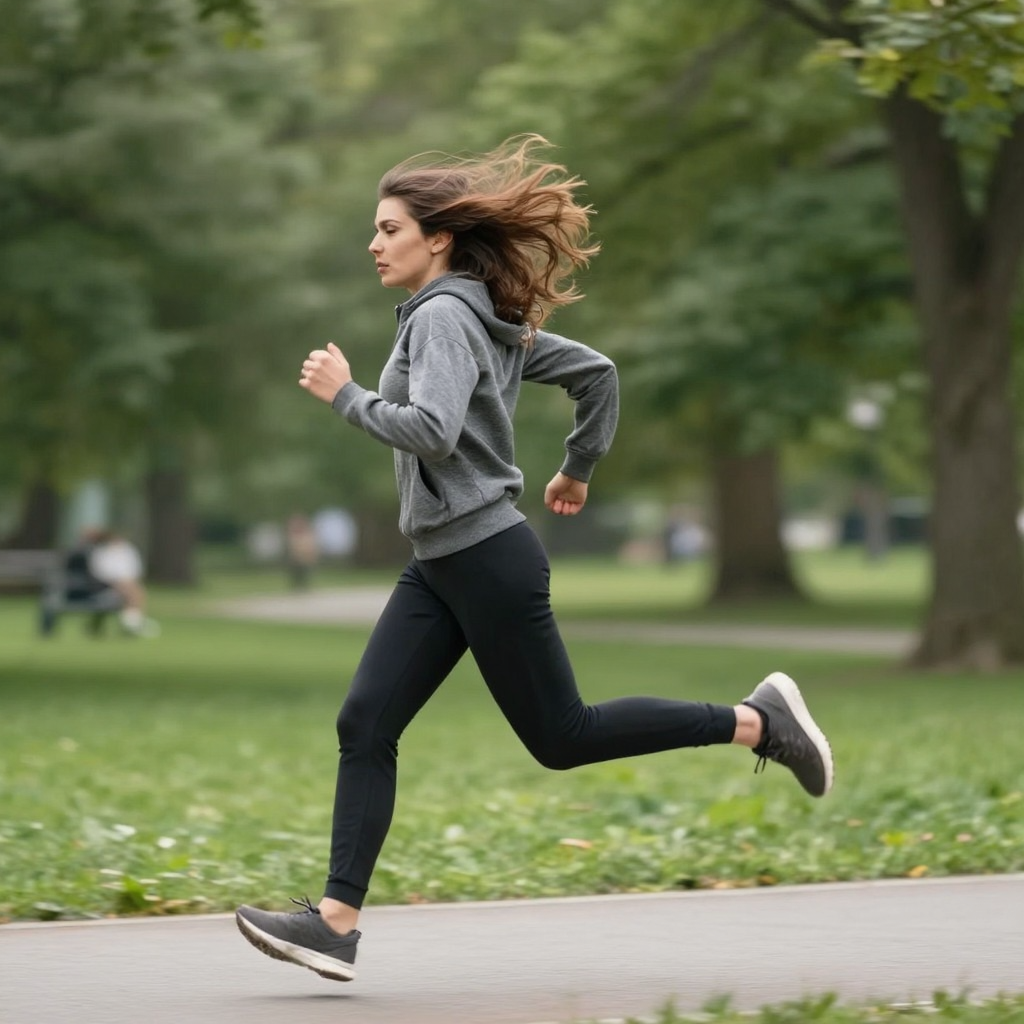 A woman mid-stride running through a park, hair and clothes 