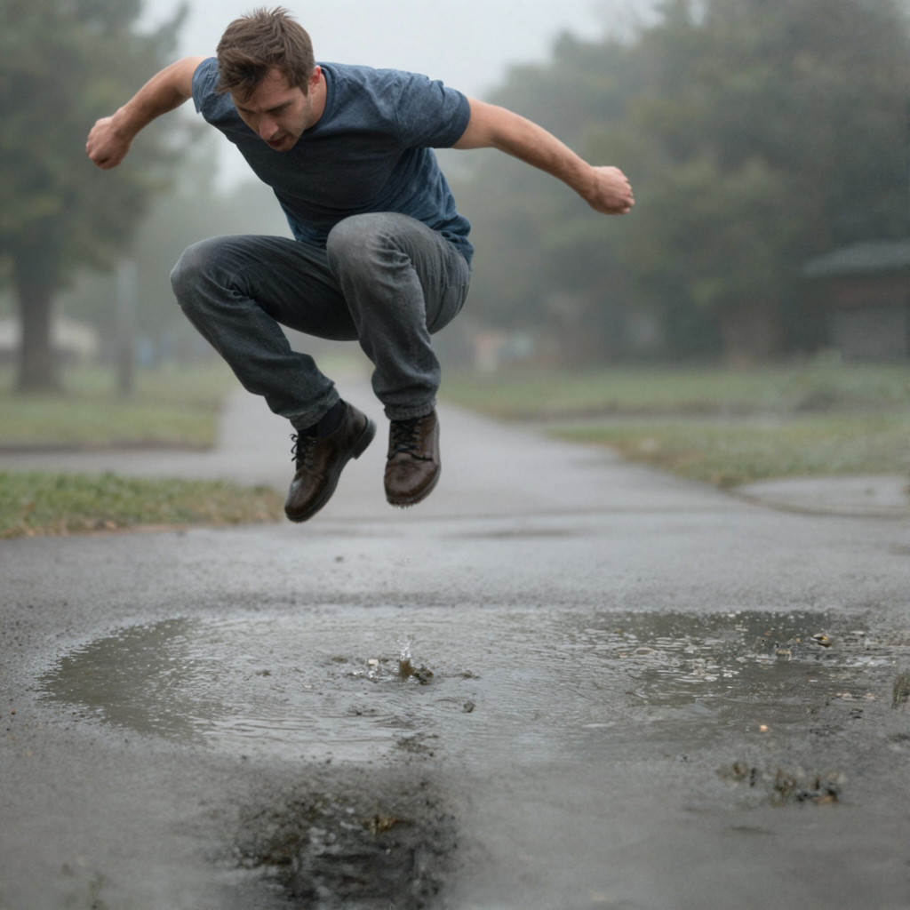 A man captured mid-jump over a puddle, body in the air with 