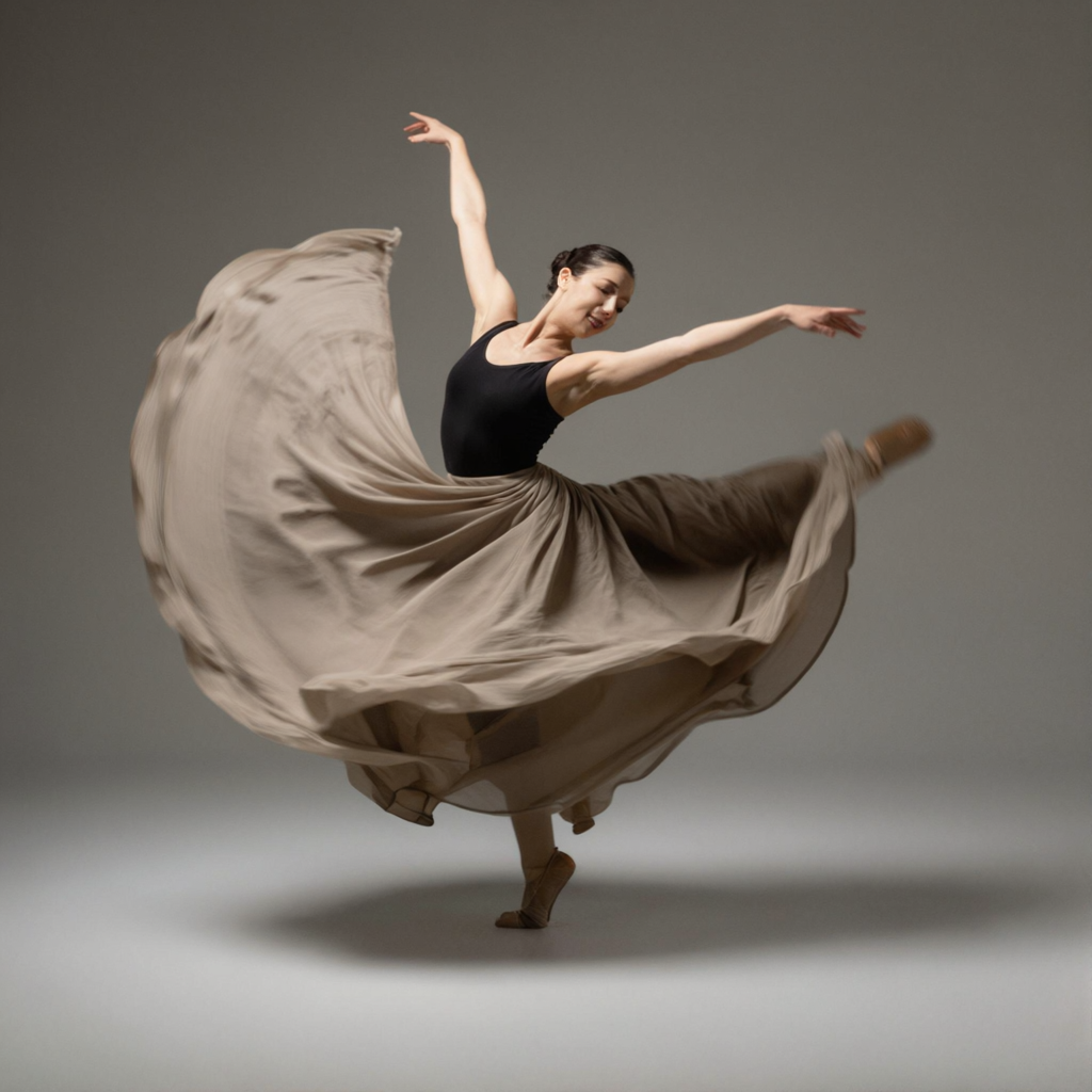 A dancer in a dynamic spin, dress flowing outward with one l