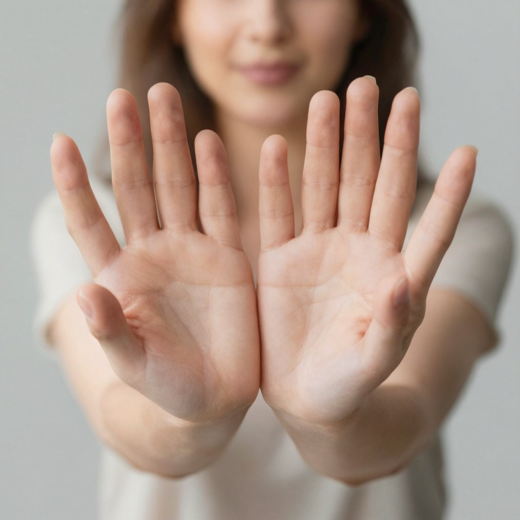 A woman holding her hands out in front of her palms-up, all 