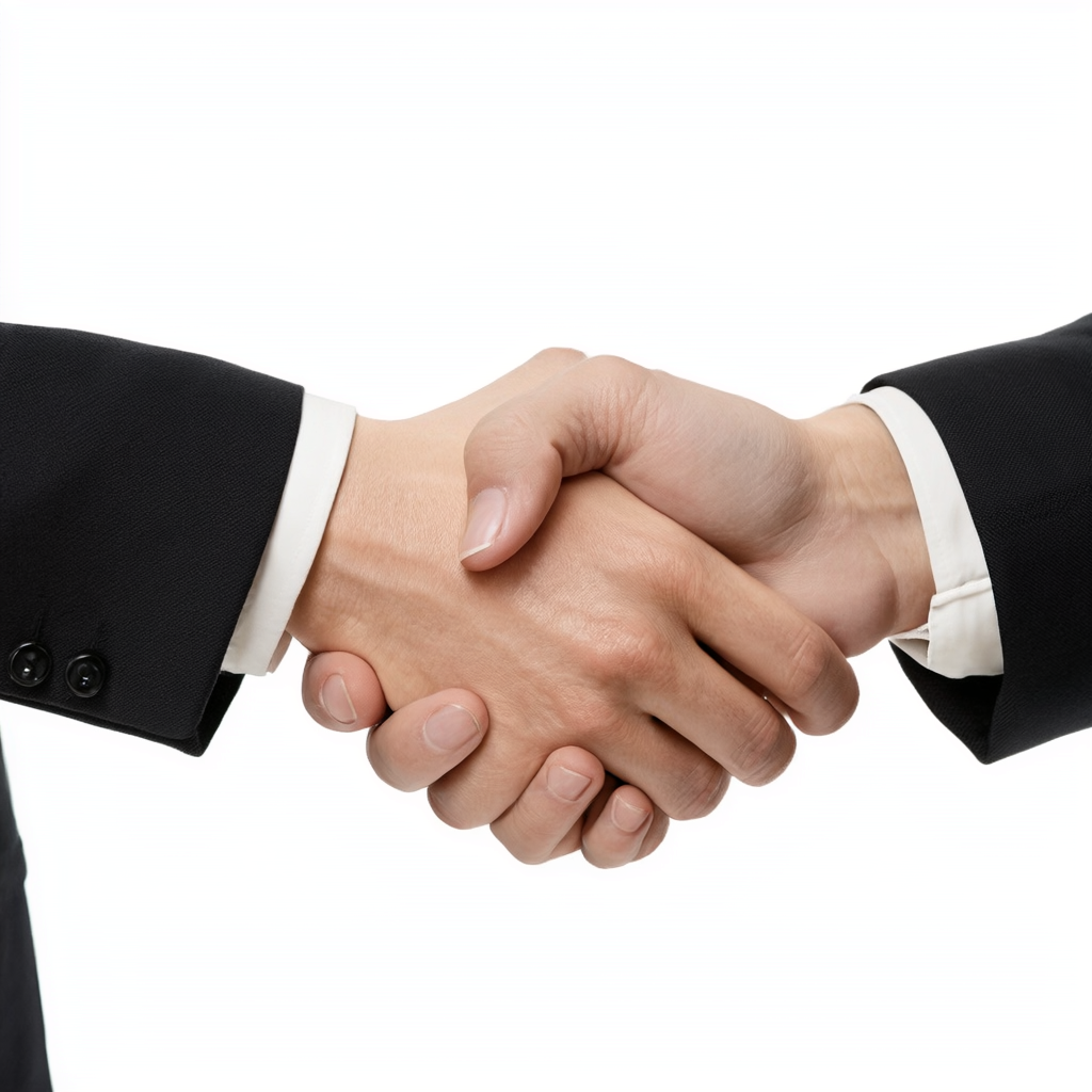 Two people shaking hands in a professional setting, all fing