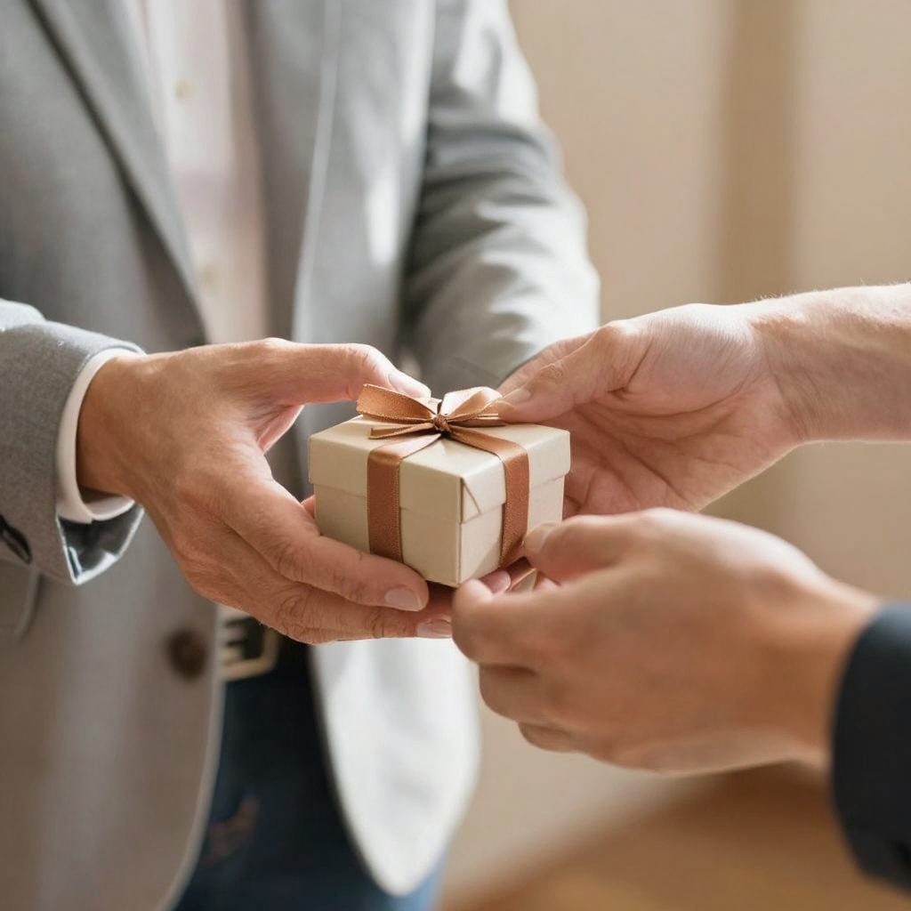 One person handing a small gift box to another person, both 