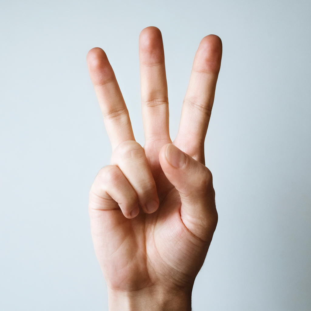 A person counting to three on their fingers, with index, mid