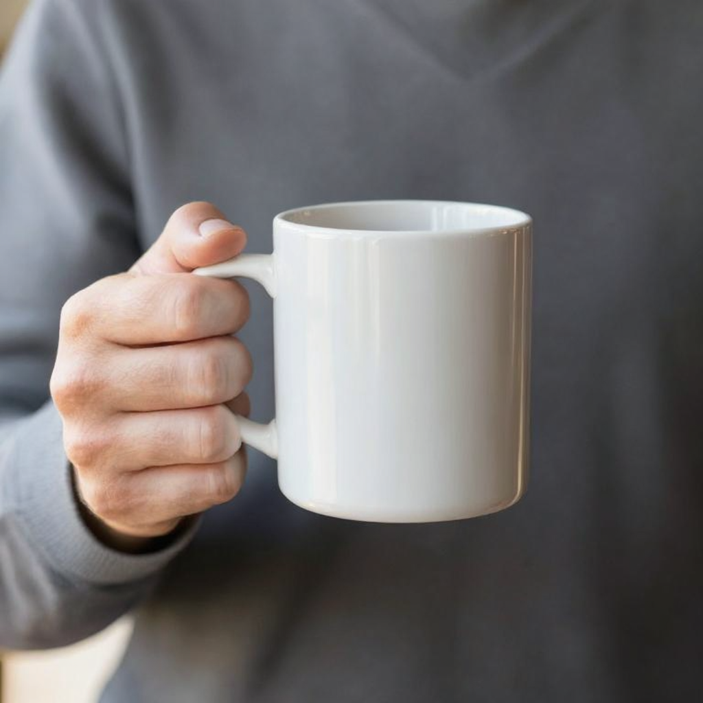 A person holding a white ceramic coffee mug by the handle wi