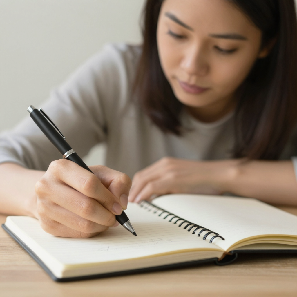 A woman writing in a notebook with a pen gripped correctly i