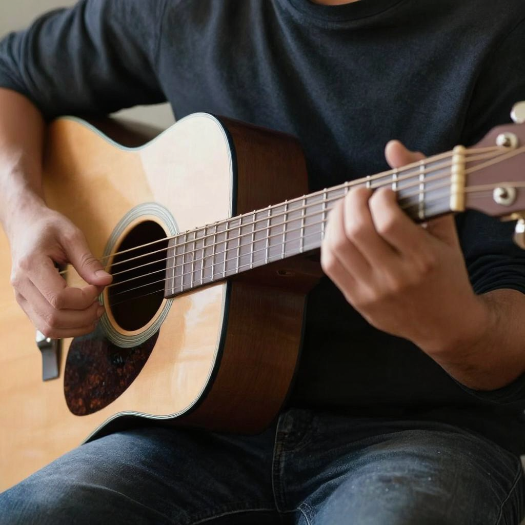 A person playing an acoustic guitar with left hand on the fr
