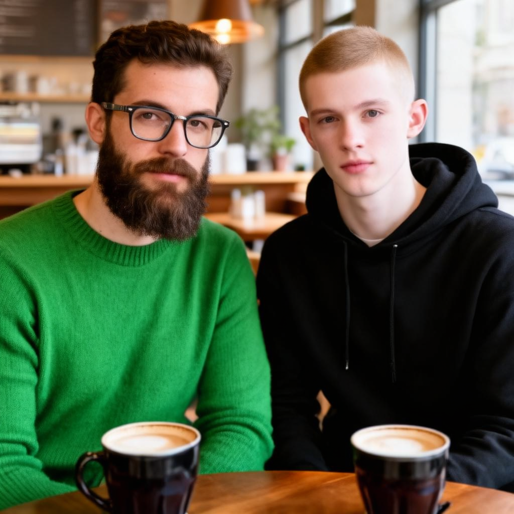 Two men at a cafe: one with a beard and glasses wearing a gr